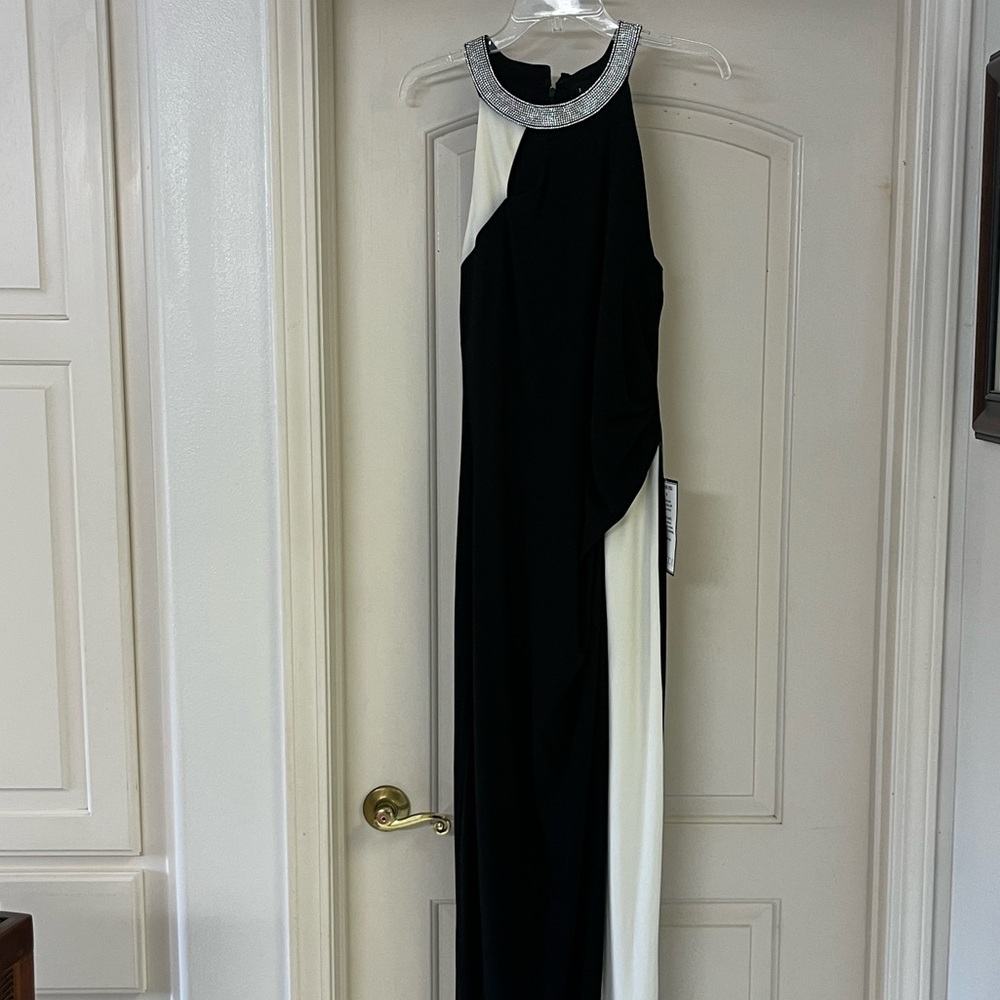 NWT- MSK Black and White Halter Gown Cocktail w/Rhinestone Neckline